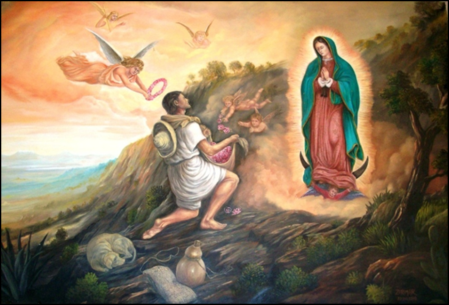 Aparicion de la Virgen de Guadalupe a S. Juan Diego. Oleo.